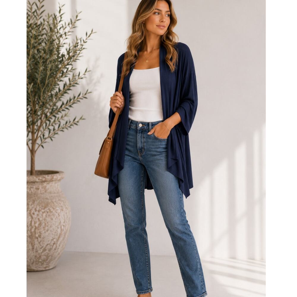 Velvet Graham Spencer Navy Blue Duster Cardigann Sweater Womens M/L Waterfall
